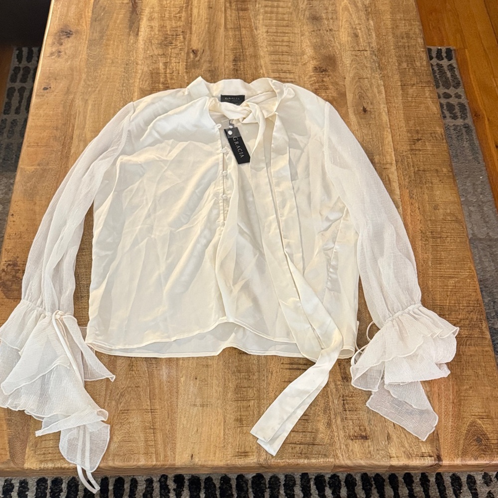 GRACIA bridgerton style off white Cream button up down Blouse Ruffle Sleeves NWT